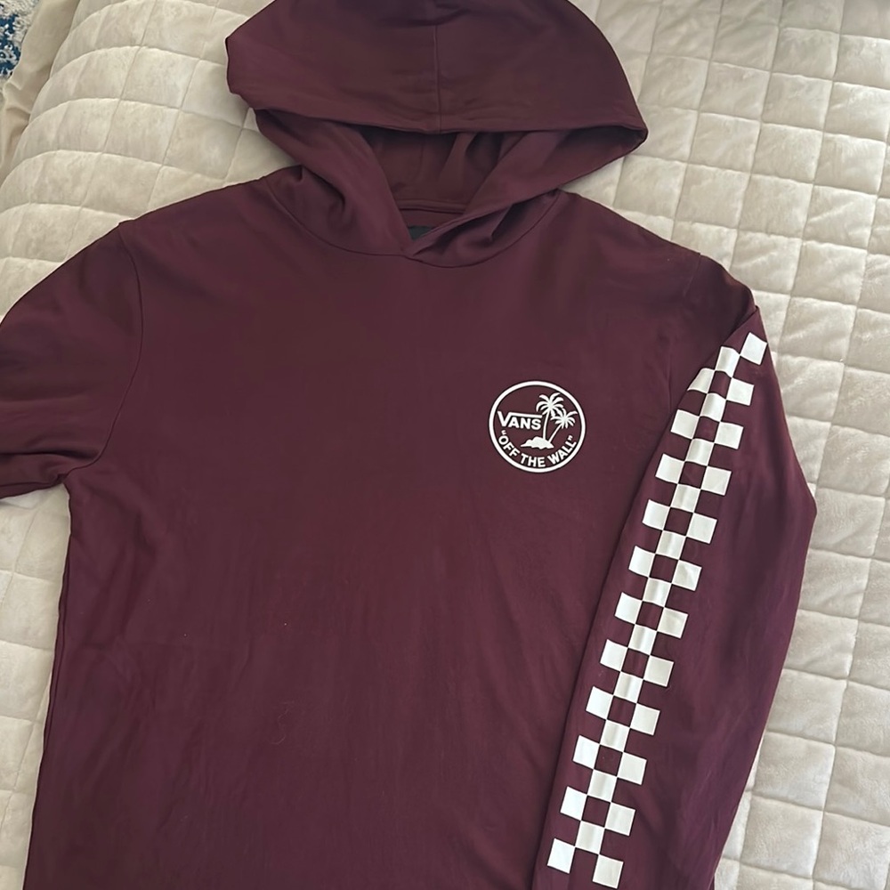 Vans Burgundy Long Sleeved Tee with Checkered Sleeve